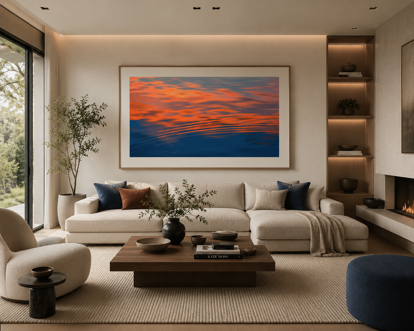 Large sunset water artwork creating a focal point above a living room couch